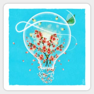 Bright Idea Flowers, Lightning Bugs and Moth in Light Bulb Surreal Art Sticker